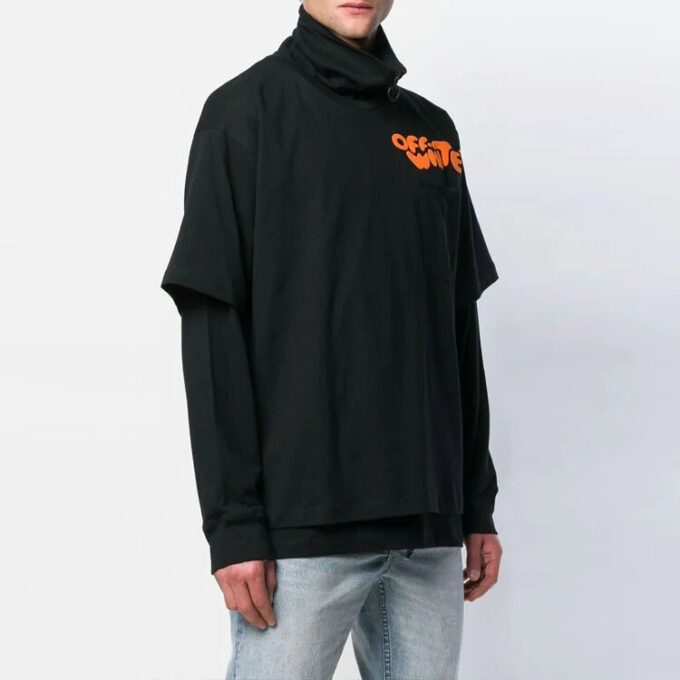 Camiseta de manga larga con estampado de letras, solapa con cremallera, negra