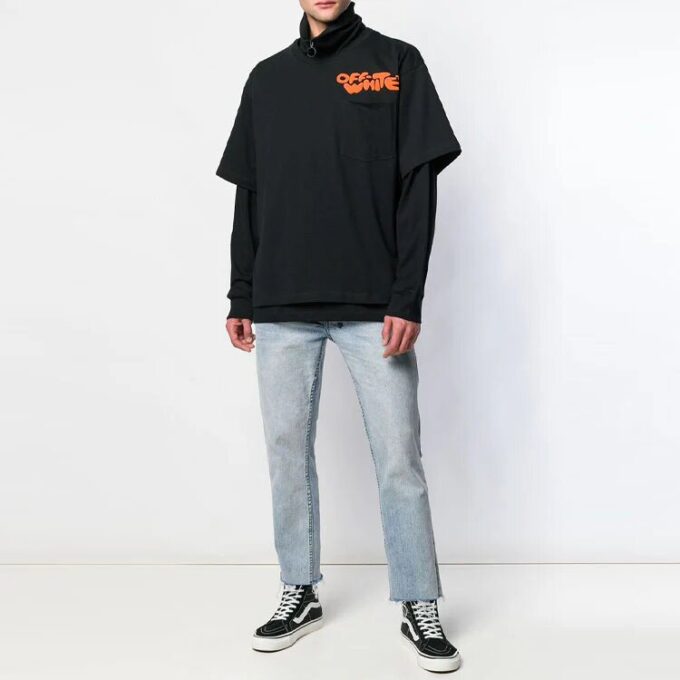 Camiseta de manga larga con estampado de letras, solapa con cremallera, negra