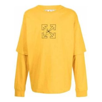 Camiseta de manga larga de algodón de color liso con estampado del logotipo SS21, cuello redondo, versión estándar, amarilla Camiseta de manga larga de algodón de color liso con estampado del logotipo SS21, cuello redondo, versión estándar, amarilla