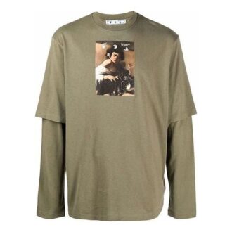 Camiseta de manga larga holgada para hombre Off-White con estampado Caravaggio Niños en verde militar Camiseta de manga larga holgada para hombre Off-White con estampado Caravaggio Niños en verde militar