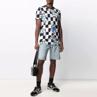 Camiseta de pantalón corto a cuadros con flores de algodón SS21, negra y blanca
