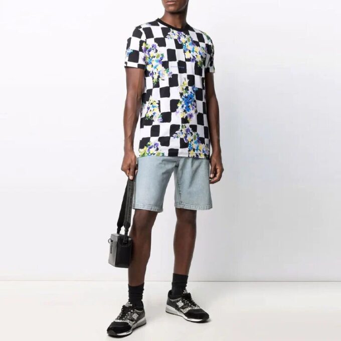 Camiseta de pantalón corto a cuadros con flores de algodón SS21, negra y blanca