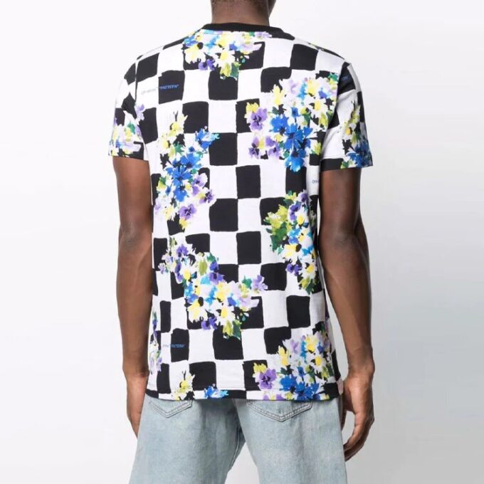 Camiseta de pantalón corto a cuadros con flores de algodón SS21, negra y blanca