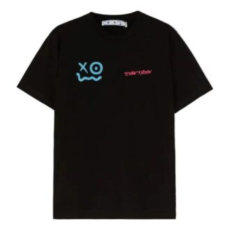 Camiseta negra de manga corta con cuello redondo y estampado de cara sonriente con el logotipo de Off-White x Andr / Crossover