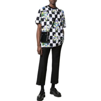 Camiseta negra de manga corta y cuello redondo con estampado de flores a cuadros Off-White para hombre, colección primavera-verano 2022, corte holgado Camiseta negra de manga corta y cuello redondo con estampado de flores a cuadros Off-White para hombre, colección primavera-verano 2022, corte holgado