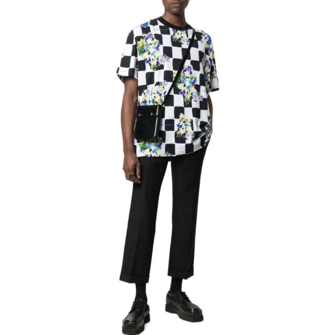 Camiseta negra de manga corta y cuello redondo con estampado de flores a cuadros Off-White para hombre, colección primavera-verano 2022, corte holgado