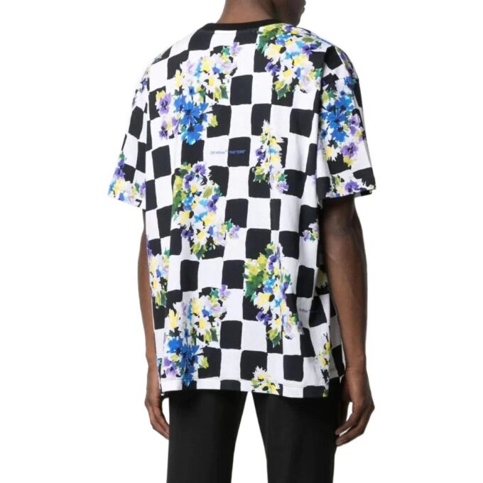 Camiseta negra de manga corta y cuello redondo con estampado de flores a cuadros Off-White para hombre, colección primavera-verano 2022, corte holgado