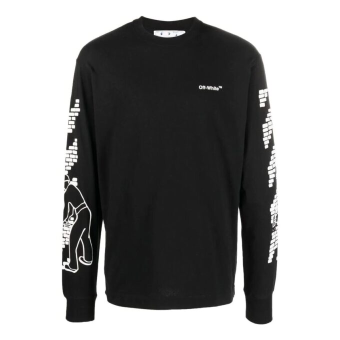 Camiseta negra de manga larga con cuello redondo y estampado del logotipo Off-White para hombre, colección FW22