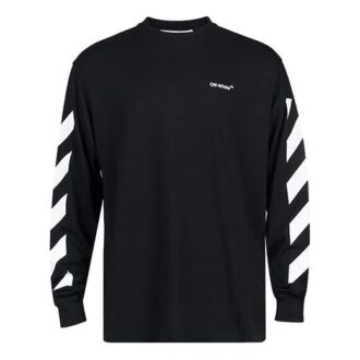 Camiseta negra de manga larga holgada con estampado de rayas y letras Diag de Off-White para hombre, colección primavera-verano 2022 Camiseta negra de manga larga holgada con estampado de rayas y letras Diag de Off-White para hombre, colección primavera-verano 2022