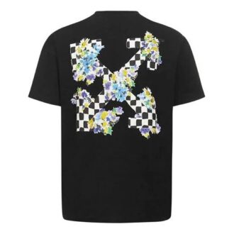 Camiseta negra de Off-White de la colección SS21, con estampado de flores y cuadros, cuello redondo, manga corta y corte ajustado