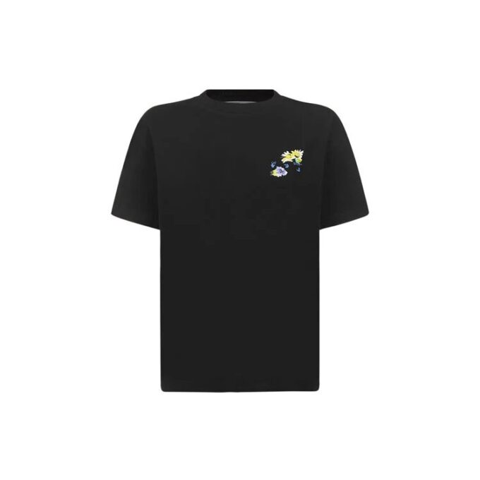 Camiseta negra de Off-White de la colección SS21, con estampado de flores y cuadros, cuello redondo, manga corta y corte ajustado