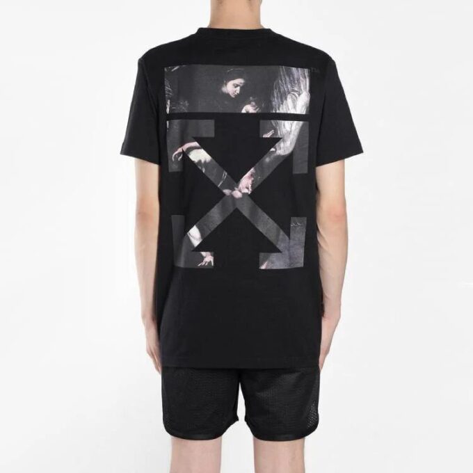 Camiseta Off-White de manga corta para hombre con estampado Caravaggio Arrow en la espalda, versión estándar, color negro