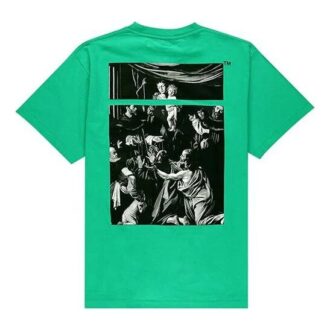 Camiseta Off-White para hombre Caravaggio con estampado en la espalda, pantalones cortos y corte holgado, verde, de Virgil Abloh Camiseta Off-White para hombre Caravaggio con estampado en la espalda, pantalones cortos y corte holgado, verde, de Virgil Abloh