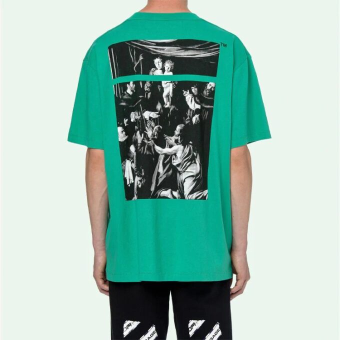 Camiseta Off-White para hombre Caravaggio con estampado en la espalda, pantalones cortos y corte holgado, verde, de Virgil Abloh