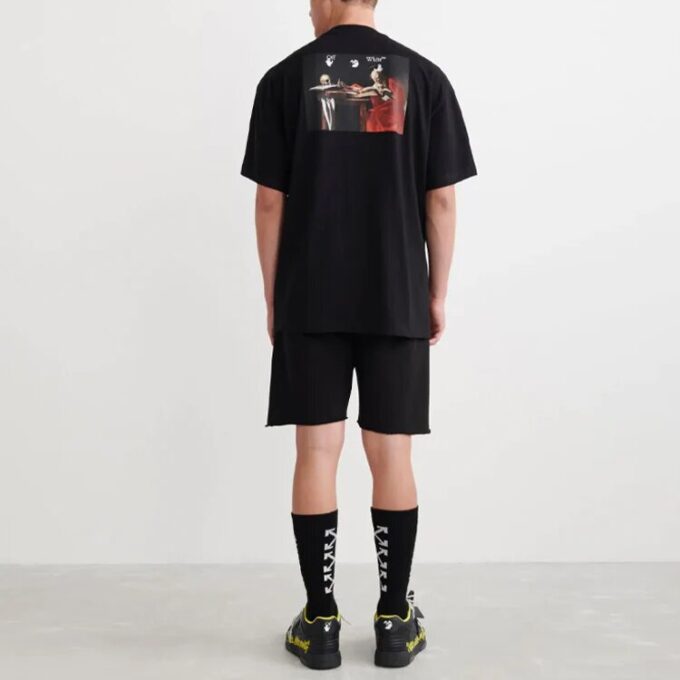 Camiseta Off-White para hombre, colección primavera-verano 2022, con estampado Caravaggio en la espalda, pantalones cortos y corte holgado, color negro