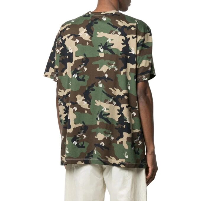 Camiseta Off-White para hombre, colección primavera-verano 2022, con estampado de camuflaje, cuello redondo y pantalones cortos, color verde
