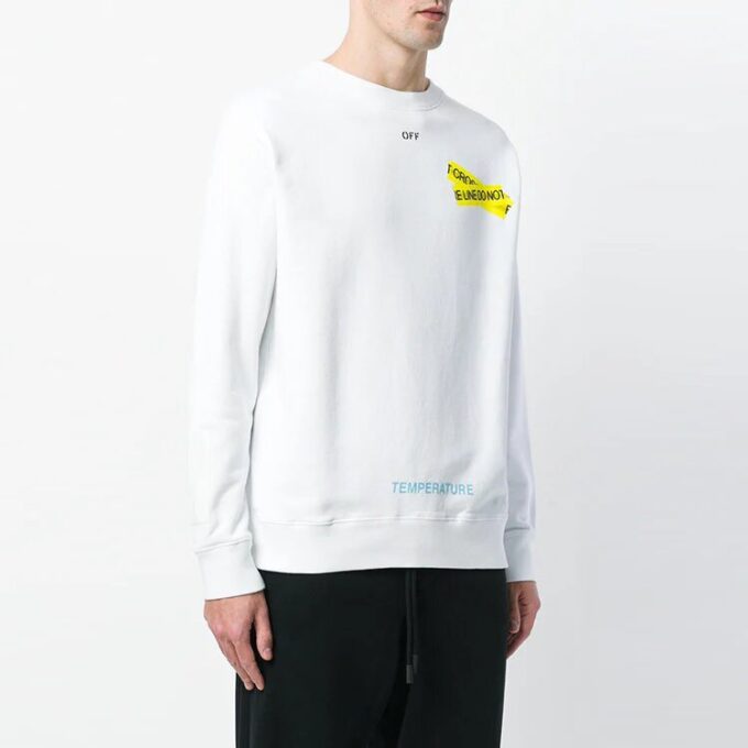 Camiseta Off-White para hombre con cuello redondo, manga larga y estampado en la banda de goma, color blanco