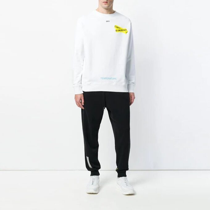 Camiseta Off-White para hombre con cuello redondo, manga larga y estampado en la banda de goma, color blanco