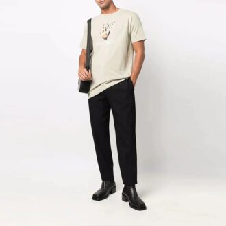Camiseta Off-White para hombre con estampado de logotipo, cuello redondo y pantalones cortos, color marrón claro Camiseta Off-White para hombre con estampado de logotipo, cuello redondo y pantalones cortos, color marrón claro