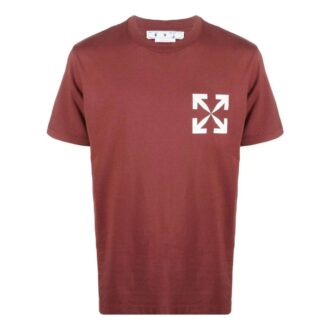 Camiseta Off-White para hombre de la colección primavera-verano 2022 con estampado del logotipo, cuello redondo y pantalones cortos, color rojo ladrillo Camiseta Off-White para hombre de la colección primavera-verano 2022 con estampado del logotipo, cuello redondo y pantalones cortos, color rojo ladrillo