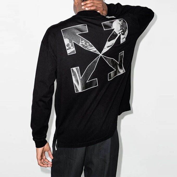 Camiseta Off-White para hombre FW21 con logo, letras, flecha, cuello redondo, manga larga y corte holgado en negro