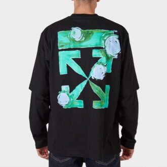 Camiseta Off-White para hombre FW21 de manga larga holgada con estampado de flecha verde en la manga, color negro Camiseta Off-White para hombre FW21 de manga larga holgada con estampado de flecha verde en la manga, color negro