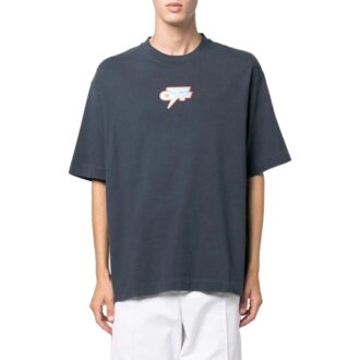 Camiseta Off-White para hombre FW22 con estampado, cuello redondo, pantalones cortos y corte holgado en azul marino Camiseta Off-White para hombre FW22 con estampado, cuello redondo, pantalones cortos y corte holgado en azul marino