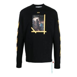 Camiseta Off-White para hombre FW22 de color liso, cuello redondo, estampado pintado y manga larga, en negro Camiseta Off-White para hombre FW22 de color liso, cuello redondo, estampado pintado y manga larga, en negro