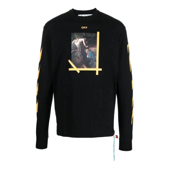 Camiseta Off-White para hombre FW22 de color liso, cuello redondo, estampado pintado y manga larga, en negro
