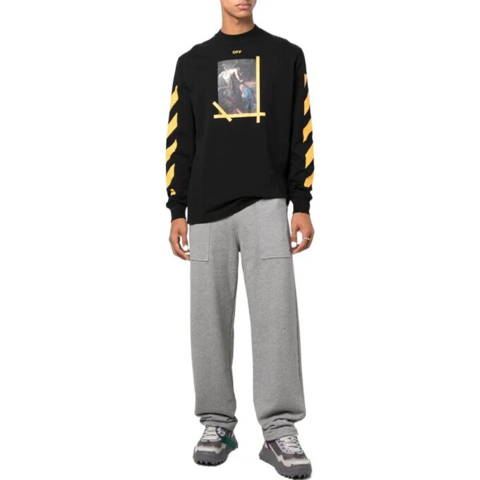 Camiseta Off-White para hombre FW22 de color liso, cuello redondo, estampado pintado y manga larga, en negro