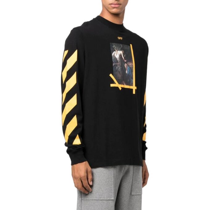 Camiseta Off-White para hombre FW22 de color liso, cuello redondo, estampado pintado y manga larga, en negro