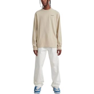 Camiseta Off-White para hombre FW22 de cuello redondo, manga larga, corte holgado y estampado de logotipo, color beige Camiseta Off-White para hombre FW22 de cuello redondo, manga larga, corte holgado y estampado de logotipo, color beige