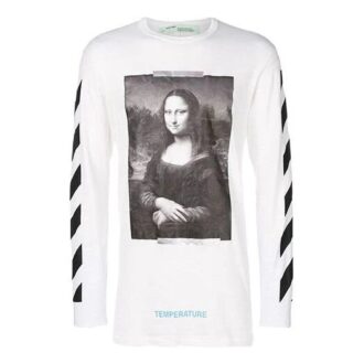 Camiseta unisex blanca de manga larga con estampado de la Mona Lisa y corte holgado