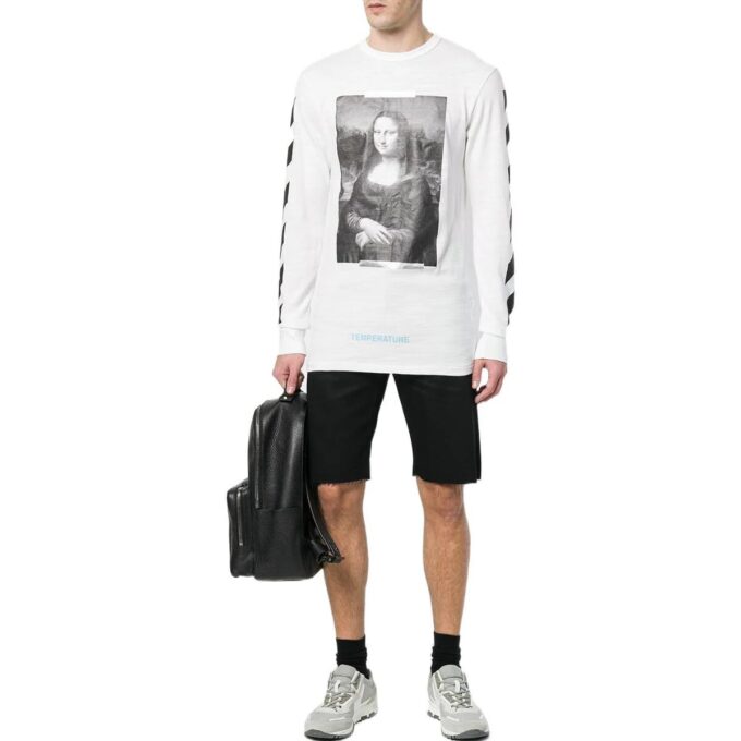 Camiseta unisex blanca de manga larga con estampado de la Mona Lisa y corte holgado