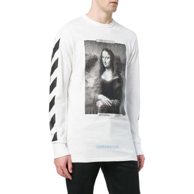 Camiseta unisex blanca de manga larga con estampado de la Mona Lisa y corte holgado