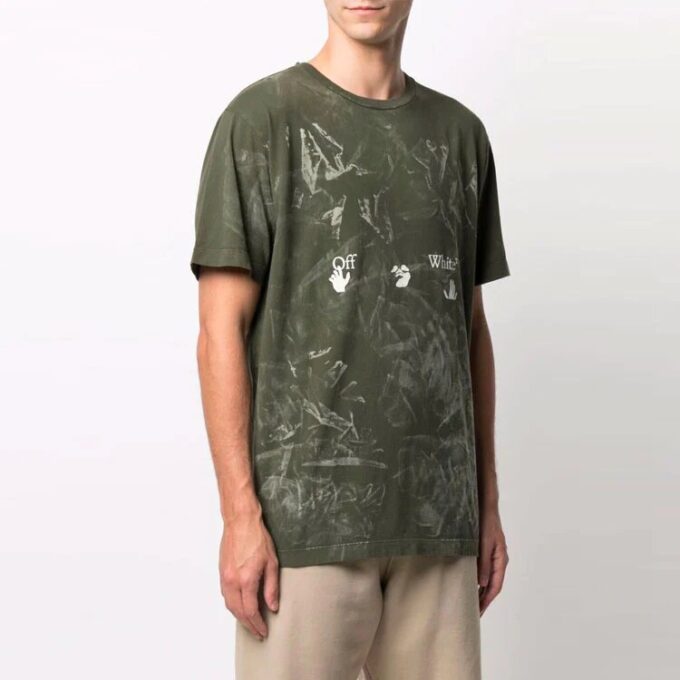 Camiseta verde de manga corta con logotipo Off-White para hombre, temporada primavera-verano 2021