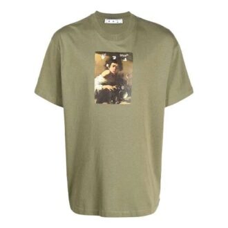 Camiseta verde de manga corta y cuello redondo con estampado de pintura Off-White para hombre, colección FW21, corte holgado Camiseta verde de manga corta y cuello redondo con estampado de pintura Off-White para hombre, colección FW21, corte holgado