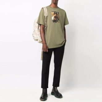 Camiseta verde de manga corta y cuello redondo con estampado de pintura Off-White para hombre, colección FW21, corte holgado Camiseta verde de manga corta y cuello redondo con estampado de pintura Off-White para hombre, colección FW21, corte holgado