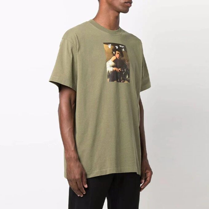 Camiseta verde de manga corta y cuello redondo con estampado de pintura Off-White para hombre, colección FW21, corte holgado
