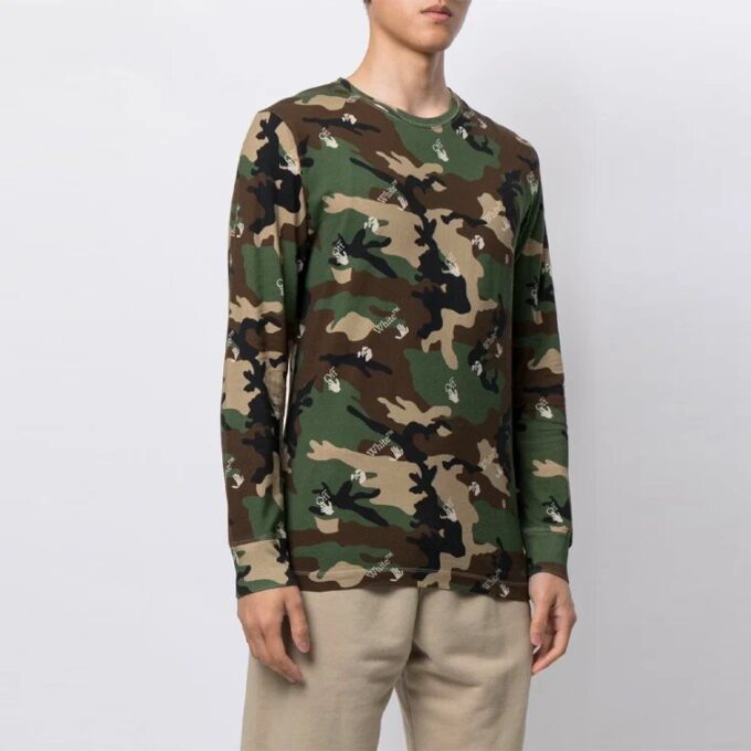 Camiseta verde de manga larga holgada con estampado de camuflaje Off-White para hombre, temporada primavera-verano 2021
