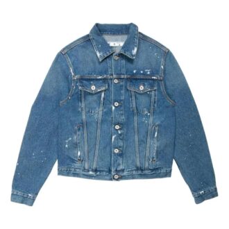 Chaqueta azul de hombre Off-White FW22 con estampado en la espalda, solapa y mangas largas, versión Denim