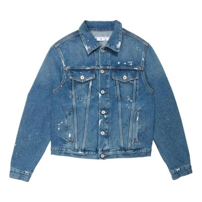 Chaqueta azul de hombre Off-White FW22 con estampado en la espalda, solapa y mangas largas, versión Denim