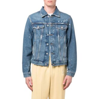 Chaqueta azul de hombre Off-White FW22 con estampado en la espalda, solapa y mangas largas, versión Denim