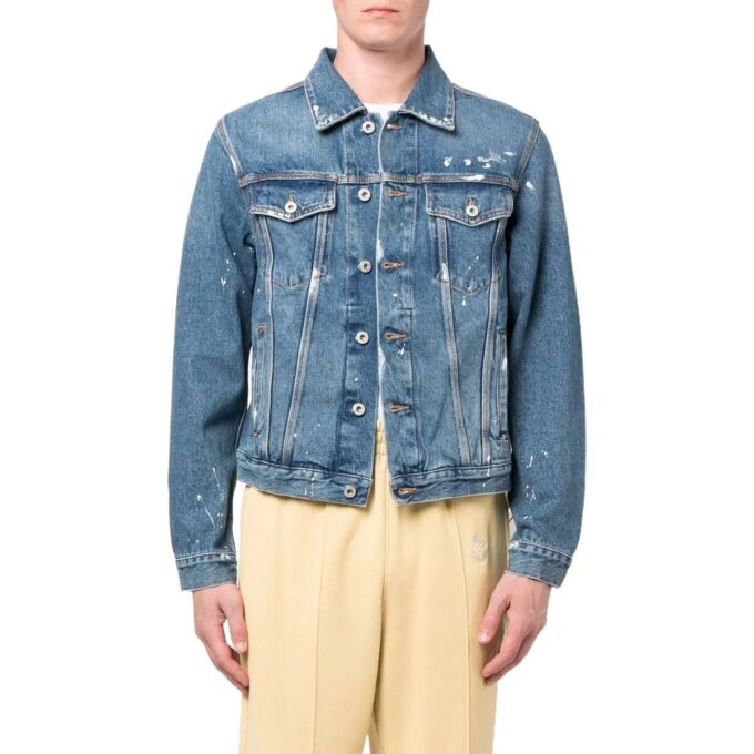 Chaqueta azul de hombre Off-White FW22 con estampado en la espalda, solapa y mangas largas, versión Denim