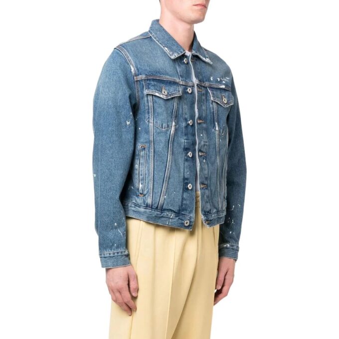 Chaqueta azul de hombre Off-White FW22 con estampado en la espalda, solapa y mangas largas, versión Denim