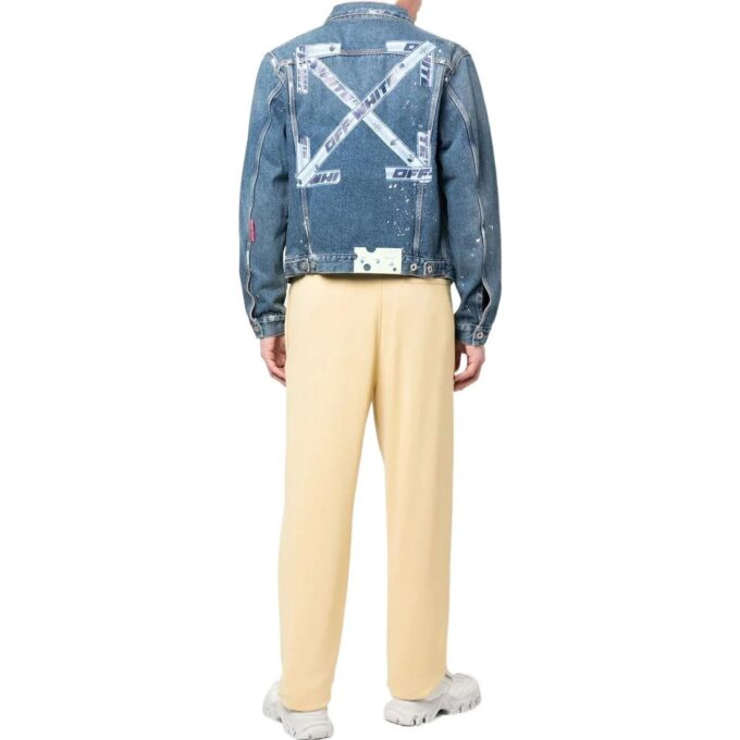Chaqueta azul de hombre Off-White FW22 con estampado en la espalda, solapa y mangas largas, versión Denim