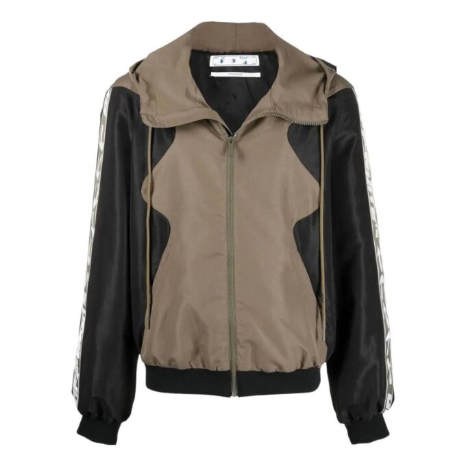 Chaqueta casual con capucha Off-White para hombre, temporada primavera-verano 2022, con colores contrastantes y detalles de costuras, versión caqui
