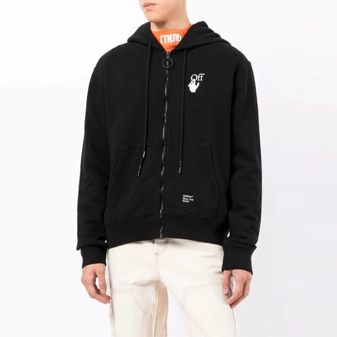Chaqueta con capucha, cremallera y estampado FW21, corte holgado, negro