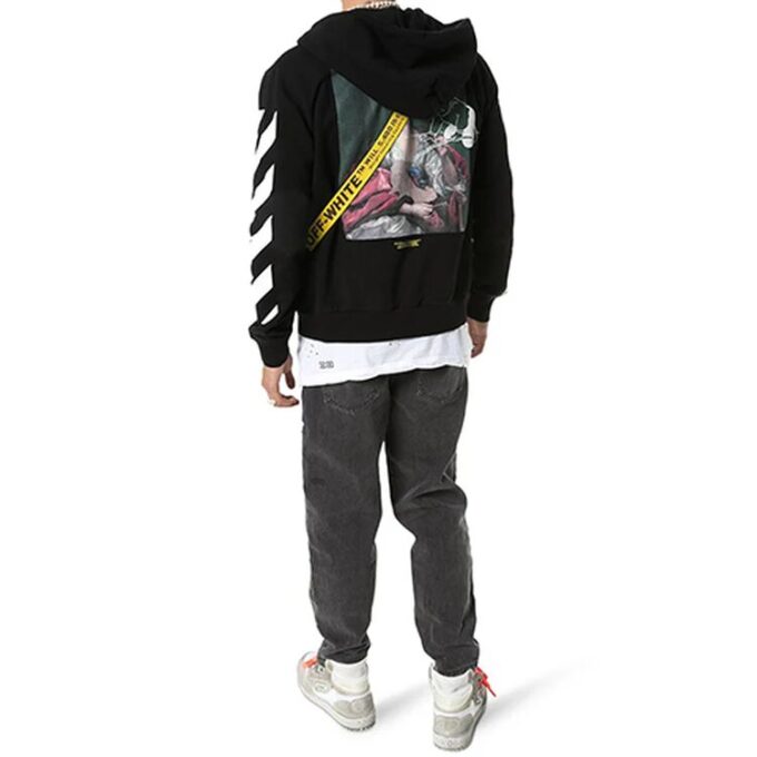 Chaqueta con capucha y cremallera estampada, negra