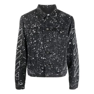 Chaqueta de hombre Off-White FW22 con efecto salpicadura de pintura, de un solo pecho, en Denim negro Chaqueta de hombre Off-White FW22 con efecto salpicadura de pintura, de un solo pecho, en Denim negro